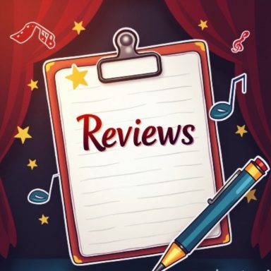 Link zu den Musicals. Notizblock mit dem Titel "Reviews", umgeben von musikalischen Noten und einem Stift.