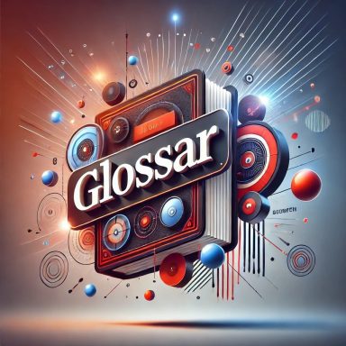 Ein kreativ gestaltetes Glossar-Logo mit bunten grafischen Elementen und 3D-Effekten.