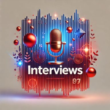 Link zu den Interviews. Grafik mit Mikrofon, Klangwellen und dem Wort „Interviews“ in dynamischen Farben.